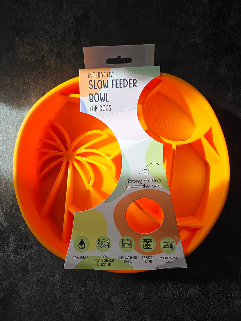 Loco Coco Slow Feeder Bowl – award-winning, tropical-inspired dog bowl made from 100% food-grade silicone. Designed to slow down fast eaters, prevent bloating, and support healthy digestion. Features strong suction cups, non-slip base, and is BPA-free, dishwasher safe, and freezer safe. Perfect for small to large dogs