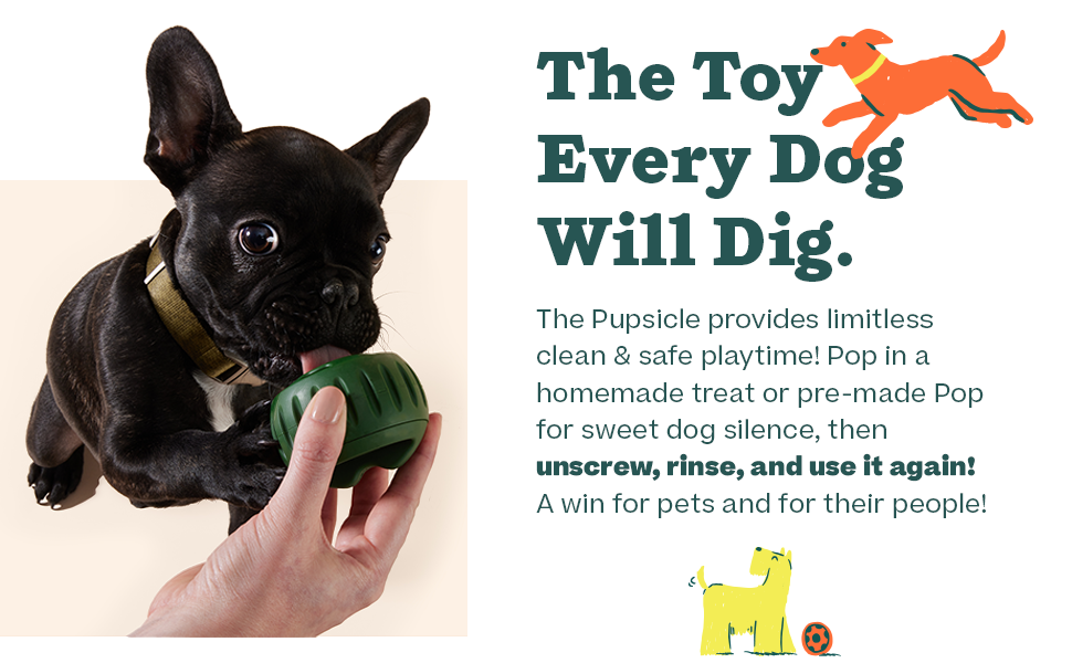 Durable Woof Pupsicle dog treat toy made from non-toxic, BPA-free natural rubber. Perfect for frozen and soft treats like peanut butter, yogurt, and bone broth. Mess-free, dishwasher-safe, and designed for long-lasting enrichment. Ideal slow feeder and interactive toy for dogs.