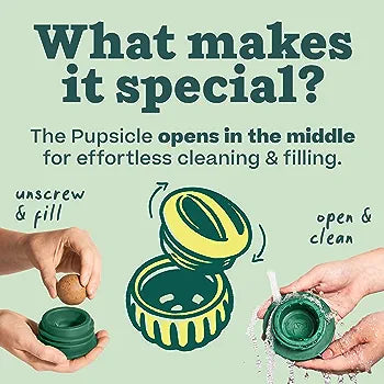 Durable Woof Pupsicle dog treat toy made from non-toxic, BPA-free natural rubber. Perfect for frozen and soft treats like peanut butter, yogurt, and bone broth. Mess-free, dishwasher-safe, and designed for long-lasting enrichment. Ideal slow feeder and interactive toy for dogs.