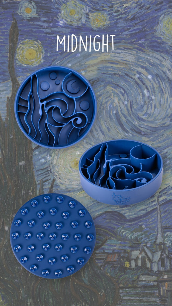 Happy Dingo Starry Night Slow Feeder Bowl with kibble – BPA-free, dishwasher-safe slow feeding dog bowl for healthy eating habits.