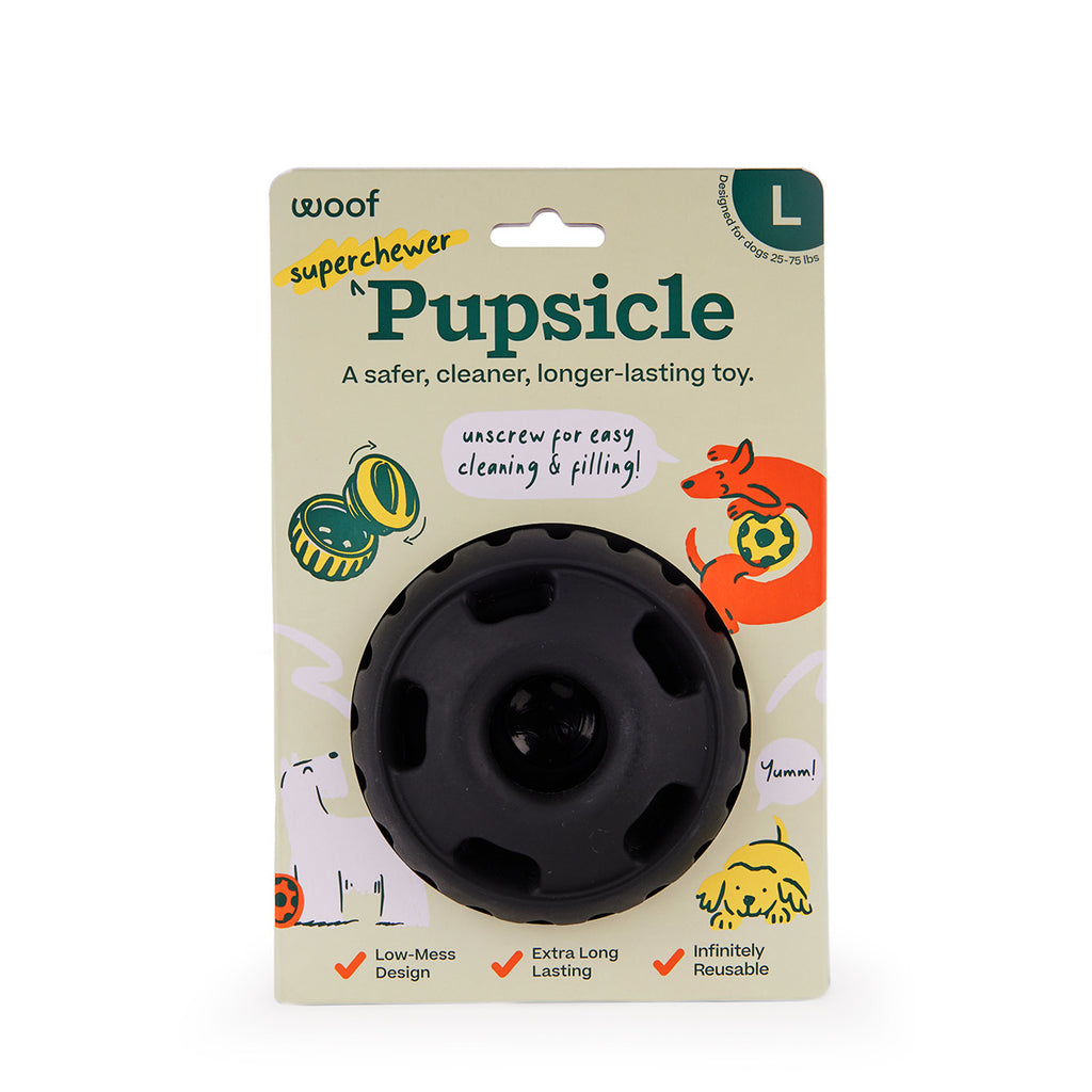 Durable Woof Pupsicle dog treat toy made from non-toxic, BPA-free natural rubber. Perfect for frozen and soft treats like peanut butter, yogurt, and bone broth. Mess-free, dishwasher-safe, and designed for long-lasting enrichment. Ideal slow feeder and interactive toy for dogs.