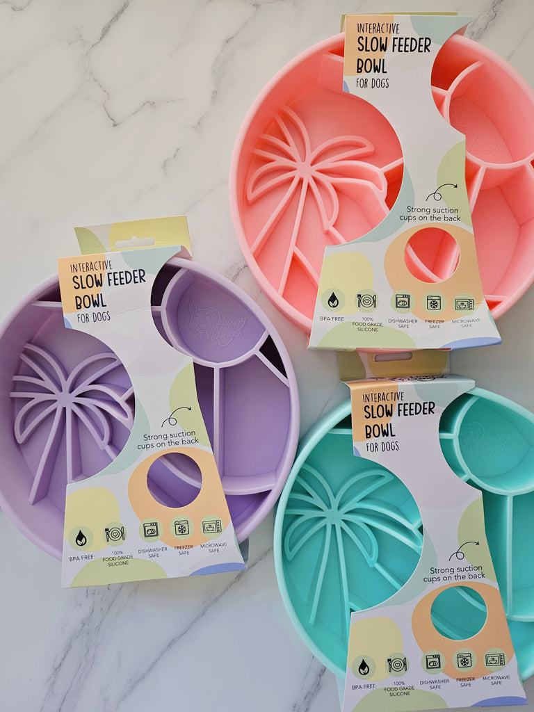 Loco Coco Slow Feeder Bowl – award-winning, tropical-inspired dog bowl made from 100% food-grade silicone. Designed to slow down fast eaters, prevent bloating, and support healthy digestion. Features strong suction cups, non-slip base, and is BPA-free, dishwasher safe, and freezer safe. Perfect for small to large dogs