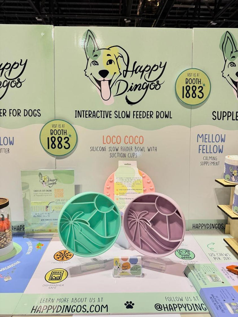 Loco Coco Slow Feeder Bowl – award-winning, tropical-inspired dog bowl made from 100% food-grade silicone. Designed to slow down fast eaters, prevent bloating, and support healthy digestion. Features strong suction cups, non-slip base, and is BPA-free, dishwasher safe, and freezer safe. Perfect for small to large dogs