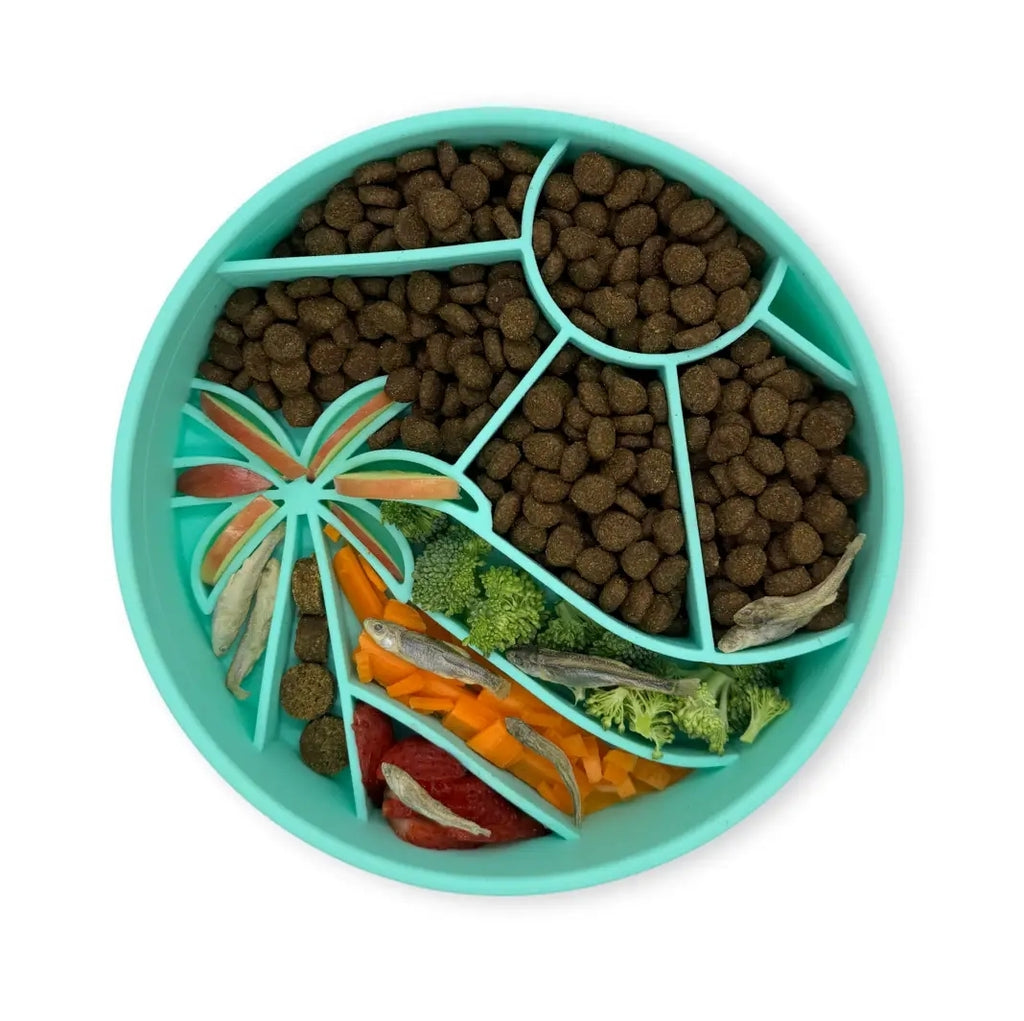 Loco Coco Slow Feeder Bowl – award-winning, tropical-inspired dog bowl made from 100% food-grade silicone. Designed to slow down fast eaters, prevent bloating, and support healthy digestion. Features strong suction cups, non-slip base, and is BPA-free, dishwasher safe, and freezer safe. Perfect for small to large dogs