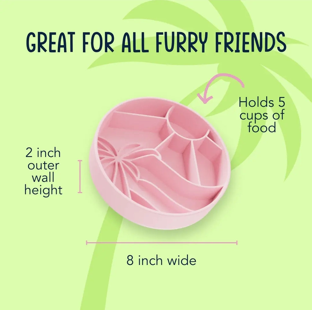 Loco Coco Slow Feeder Bowl – award-winning, tropical-inspired dog bowl made from 100% food-grade silicone. Designed to slow down fast eaters, prevent bloating, and support healthy digestion. Features strong suction cups, non-slip base, and is BPA-free, dishwasher safe, and freezer safe. Perfect for small to large dogs