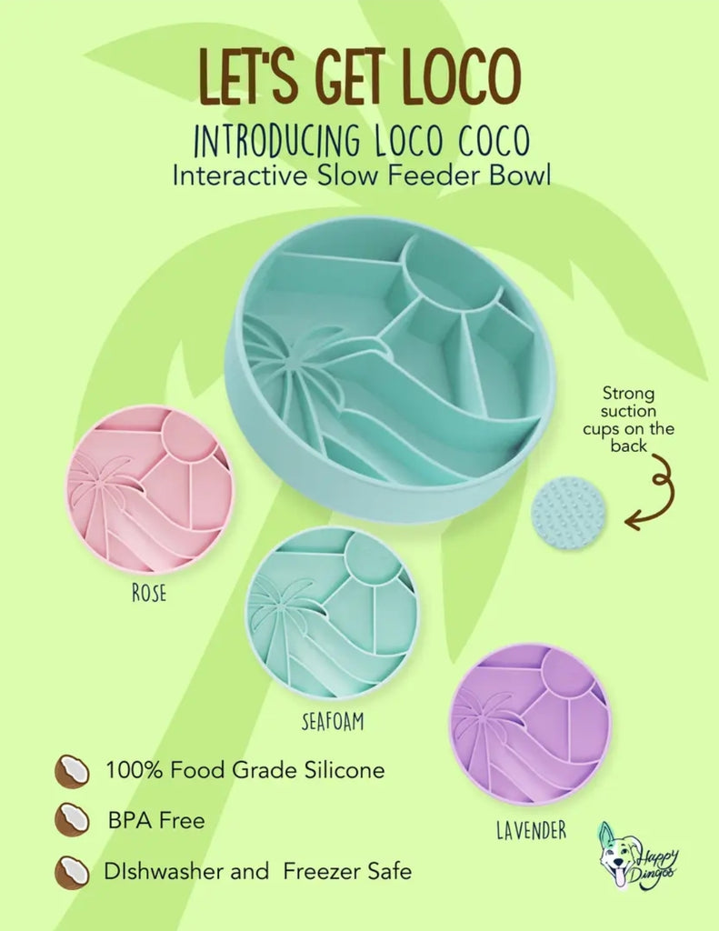 Loco Coco Slow Feeder Bowl – award-winning, tropical-inspired dog bowl made from 100% food-grade silicone. Designed to slow down fast eaters, prevent bloating, and support healthy digestion. Features strong suction cups, non-slip base, and is BPA-free, dishwasher safe, and freezer safe. Perfect for small to large dogs